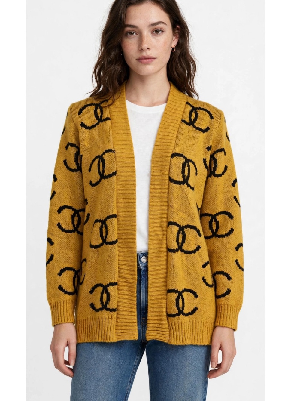 Open-Front Mustard Knit Cardigan with Black Logo Motif
